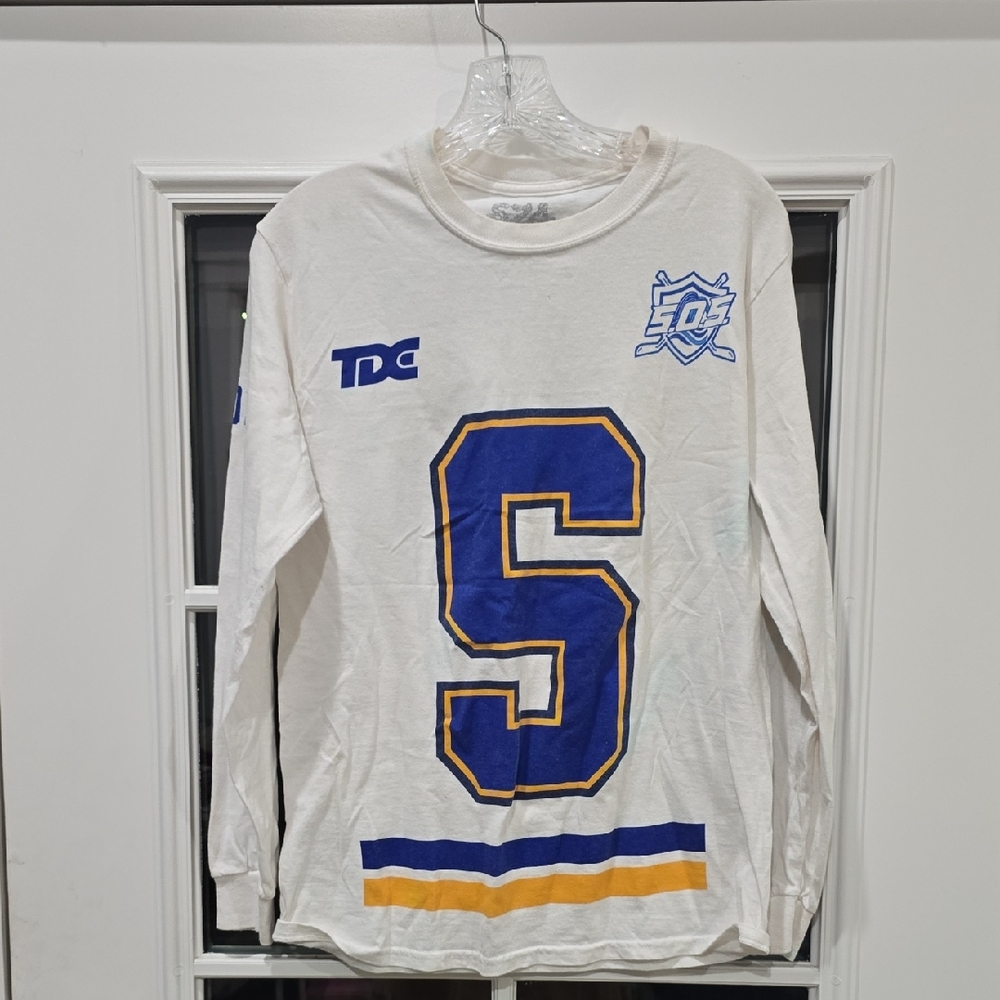 White Long Sleeve Shirt with Blue and Yellow S